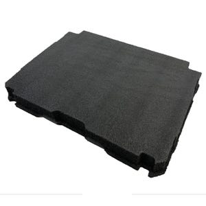 May include: A rectangular black foam insert with a textured surface and specific cutouts along the edges. The material appears porous and dense, designed for protective storage or organisation, featuring a flat top and a structured, moulded shape.