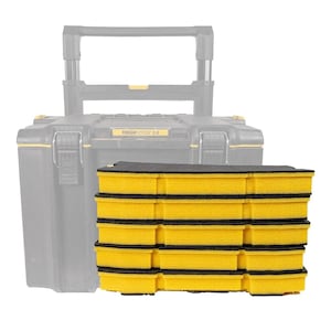 May include: A stack of yellow and black foam inserts for a tool box. The inserts are rectangular with a black border. The tool box in the background is black and yellow and has the text "TOUGH SYSTEM 2.0".