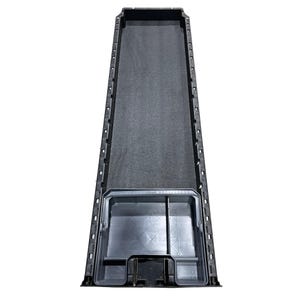 May include: A long, narrow black plastic storage tray featuring a textured dark grey interior base. The bottom section includes a moulded grey plastic insert with a central divider, creating two distinct compartments for organised storage.