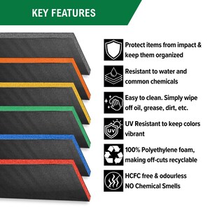 May include: A stack of black polyethylene foam sheets with coloured edges in orange, yellow, green, blue, and red. The text reads: KEY FEATURES, Protect items from impact, Resistant to water and chemicals, Easy to clean, UV Resistant, 100% Polyethylene foam, HCFC free & odourless.