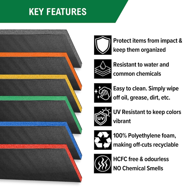 May include: A stack of black polyethylene foam sheets with coloured edges in orange, yellow, green, blue, and red. The text reads: KEY FEATURES, Protect items from impact, Resistant to water and chemicals, Easy to clean, UV Resistant, 100% Polyethylene foam, HCFC free & odourless.