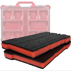 May include: Two black foam inserts with red edges are stacked in front of a pink storage case. The foam inserts have a textured surface and are designed to fit inside the case. The case has multiple compartments.