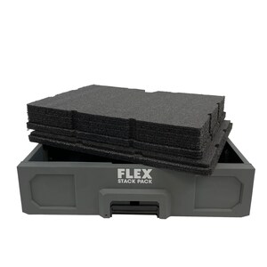 May include: A gray rectangular storage drawer unit labeled FLEX STACK PACK on the front, featuring a black plastic handle. Resting on top of the open drawer is a thick, rectangular piece of dark gray textured foam insert for tool organization.