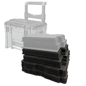 May include: A stack of rectangular black foam inserts with contoured edges, positioned in front of a light grey rolling tool box with a retractable handle. The foam layers are uniform in shape and texture, designed for organised storage within the case.