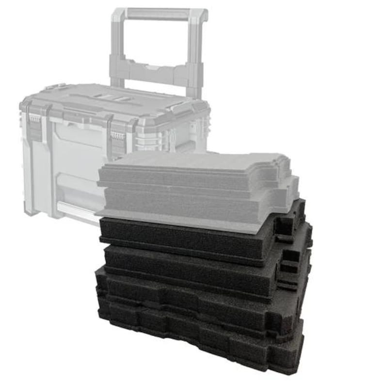 May include: A stack of rectangular black foam inserts with contoured edges, positioned in front of a light grey rolling tool box with a retractable handle. The foam layers are uniform in shape and texture, designed for organised storage within the case.