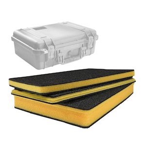 May include: A white, rectangular, hard-shell case with secure latches and a handle. Below the case are two black foam inserts with yellow edges, designed for protecting contents. The case and foam are likely for equipment storage.