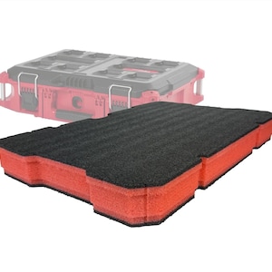 May include: A black and red foam insert for a tool case. The insert is rectangular with a textured black top and red sides. The tool case is red and black, with a handle and latches.