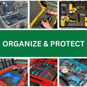 May include: A collection of hard-shell tool cases featuring custom-cut grey foam inserts designed to organise and protect various power tools, hand tools, and equipment. The cases are shown in tan, red, and blue, with tools fitted into foam cutouts.
