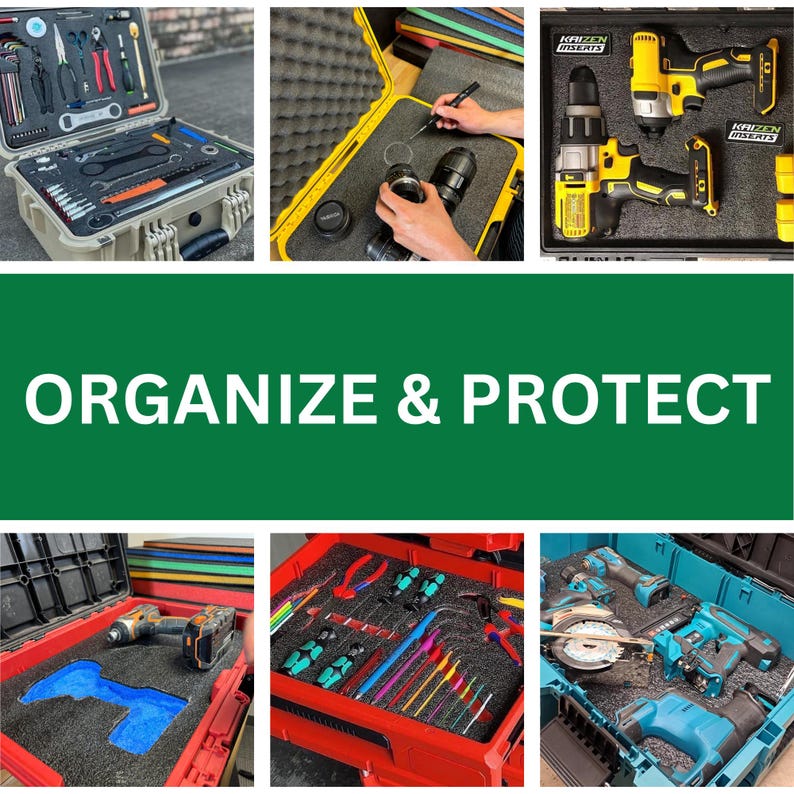 May include: A collection of hard-shell tool cases featuring custom-cut grey foam inserts designed to organise and protect various power tools, hand tools, and equipment. The cases are shown in tan, red, and blue, with tools fitted into foam cutouts.