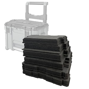 May include: A stack of rectangular black foam inserts with contoured edges, designed for organization. Behind the foam stack is a faint, semi-transparent outline of a hard-shell rolling tool box with a retractable handle and locking latches.