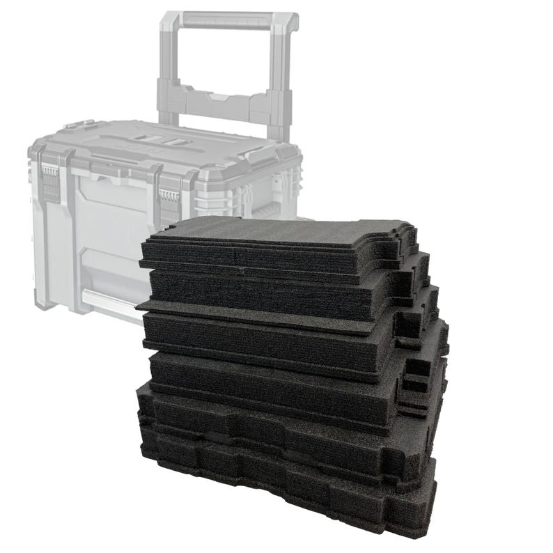 May include: A stack of rectangular black foam inserts with contoured edges, designed for organisation. Behind the foam stack is a faint, semi-transparent outline of a hard-shell rolling tool box with a retractable handle and locking latches.