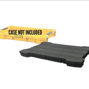 Peut inclure: Un coffret à outils jaune DeWalt avec le texte "CASE NOT INCLUDED" et un insert en mousse noir. Le coffret est rectangulaire avec une poignée et des loquets. L'insert en mousse est façonné pour s'adapter au coffret.