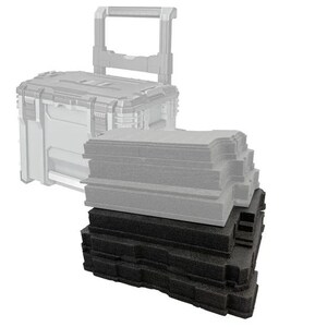 May include: A stack of rectangular foam inserts in black and light grey, featuring precision-cut contours and stepped edges. Behind the foam stack is a semi-transparent, ghosted outline of a rolling tool box with a retractable handle and latches.