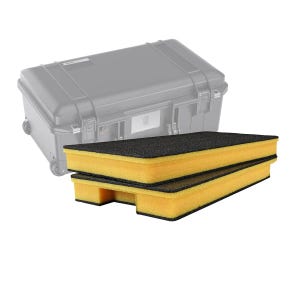 May include: A grey, wheeled hard case with a rectangular shape. Two yellow and black foam inserts are in front of the case. The foam inserts are rectangular and have a black top layer.