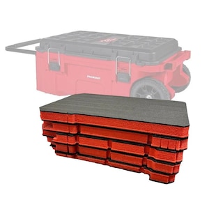 May include: Red and black foam inserts for a tool box. The inserts are layered and have a stepped design. A red tool box with black accents and wheels is in the background.