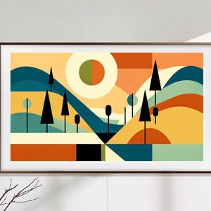 Op de afbeelding: Abstracte geometrische kunstprint met een kleurenschema van geel, oranje, groen, blauw en wit. De print toont een gestileerd landschap met bomen en heuvels.