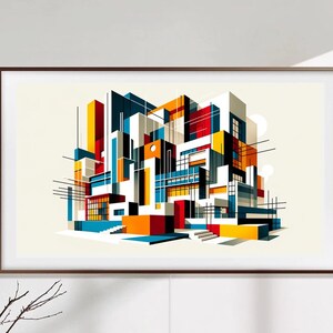 Pode incluir: Impressão de arte geométrica abstrata com uma estrutura multicolorida de vários níveis sobre um fundo branco. A estrutura é composta por várias formas e cores, incluindo vermelho, azul, amarelo e laranja.