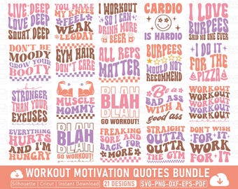 May include: A bundle of 21 workout motivation quotes in various colors, including pink, purple, and orange. The quotes are in a retro font and include phrases like "Live Deep," "Gym Hair Don't Care," and "I Love Burpees."