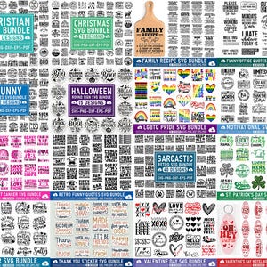 May include: A collection of SVG bundles with various themes, including Christian, Christmas, Funny Quotes, Halloween, LGBTQ Pride, Motivational, Retro Breast Cancer, Retro Funny Quotes, Summer, Thank You Stickers, Sarcastic, Valentine's Day, and St. Patrick's Day. Each bundle contains multiple designs.