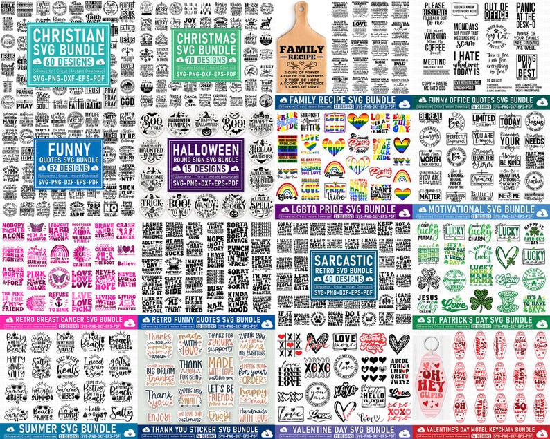 May include: A collection of SVG bundles with various themes, including Christian, Christmas, Funny Quotes, Halloween, LGBTQ Pride, Motivational, Retro Breast Cancer, Retro Funny Quotes, Summer, Thank You Stickers, Sarcastic, Valentine's Day, and St. Patrick's Day. Each bundle contains multiple designs.