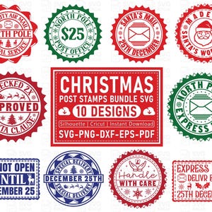 May include: A collection of Christmas-themed post stamp designs in red, green, and blue. The designs include phrases like "North Pole," "Santa's Mail," and "Express Mail," with festive illustrations and text. The bundle includes 10 designs.