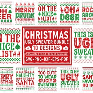 May include: A selection of Christmas-themed designs in red and green, featuring phrases such as "Oh Deer," "Merry Drunk," and "This is my Ugly Sweater." The image showcases a bundle of 10 designs for festive ugly sweaters.