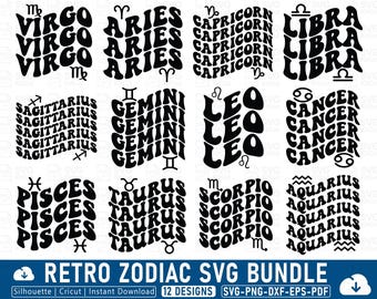 May include: A collection of 12 retro-style zodiac sign designs in black. Each design features the zodiac sign's name in a wavy, bold font. The bottom of the image reads "Retro Zodiac SVG Bundle" with file type details.