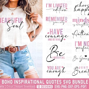 May include: A selection of inspirational quotes in a boho style, including phrases like "Beautiful Soul" and "Just Breathe". The image also features the text "BOHO INSPIRATIONAL QUOTES SVG BUNDLE" and is suitable for digital crafting.