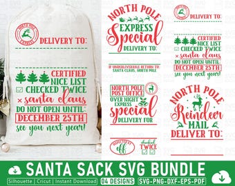 Puede incluir: Un conjunto de diseños SVG con temática navideña. Los diseños incluyen textos como "North Pole Express" y "Santa Sack". La paleta de colores es principalmente roja y verde sobre un fondo blanco. Los diseños son para manualidades.