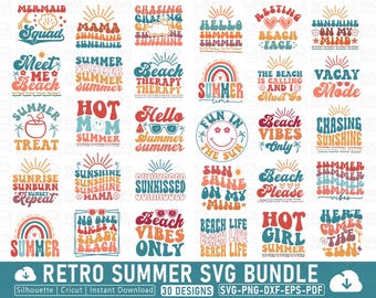 Retro Summer SVG Bundle, Beach Vibes, Summer Quotes (30 Designs)