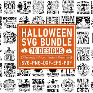 May include: A collection of 70 Halloween SVG designs in black and white. The designs include phrases like "Spooky Babe", "Witch Vibes", and "Trick or Treat". The designs are available for Silhouette, Cricut, and instant download.