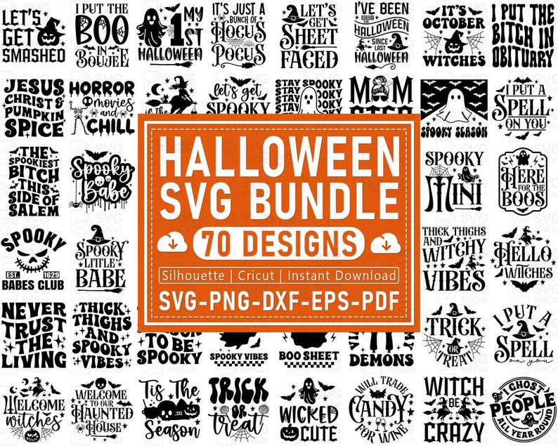 May include: A collection of 70 Halloween SVG designs in black and white. The designs include phrases like "Spooky Babe", "Witch Vibes", and "Trick or Treat". The designs are available for Silhouette, Cricut, and instant download.