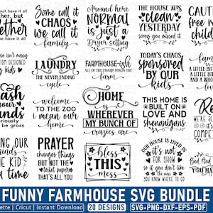 Op de afbeelding: Een bundel van 20 grappige SVG-ontwerpen met boerderijthema. De ontwerpen bevatten verschillende citaten en zinnen, zoals "Laundry: The Never Ending Cycle" en "Bless This Mess". Voor Silhouette, Cricut en direct downloaden.