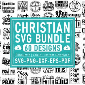Puede incluir: Un conjunto de 60 diseños cristianos en formato SVG, con frases como "Jesús es mi alegría" y "Fe sobre el miedo". Los diseños son compatibles con máquinas Silhouette y Cricut, y están disponibles en formatos SVG, PNG, DXF, EPS y PDF. El texto central dice "Christian SVG Bundle".