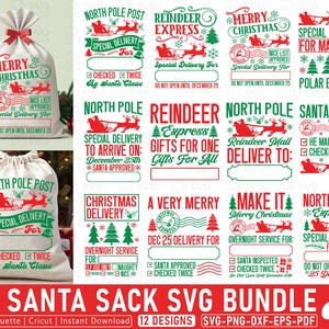 Könnte beinhalten: Eine Sammlung von weihnachtlichen SVG-Designs mit Weihnachtssäcken, Rentieren und festlichen Phrasen. Die Designs verwenden Rot, Grün und Weiß, ideal für Weihnachts-Bastelprojekte. Enthält Sätze wie "Merry Christmas" und "North Pole Post".