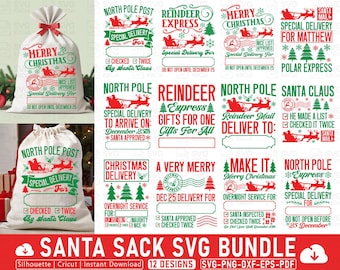 Puede incluir: Un conjunto de diseños SVG con temática navideña, con sacos de Papá Noel, renos y frases festivas. Los diseños utilizan rojo, verde y blanco, ideales para proyectos de manualidades navideñas. Incluye frases como "Merry Christmas".