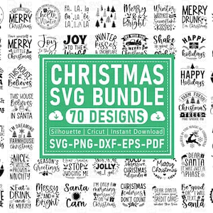 May include: A collection of Christmas-themed SVG designs. The image features various text-based graphics with phrases like "Merry Christmas," "Happy Holidays," and "Believe." The designs are available for Silhouette, Cricut, and instant download.