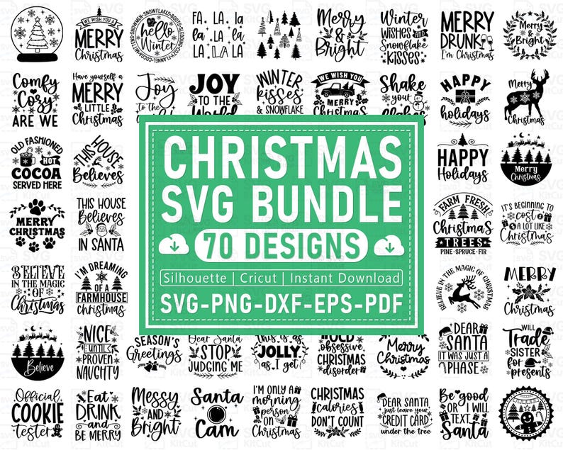 May include: A collection of Christmas-themed SVG designs. The image features various text-based graphics with phrases like "Merry Christmas," "Happy Holidays," and "Believe." The designs are available for Silhouette, Cricut, and instant download.