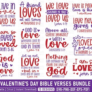 May include: A collection of Valentine's Day Bible verses in red and purple, including phrases like "Live in Love" and "God is Love." The designs are available as SVG, PNG, DXF, EPS, and PDF files.