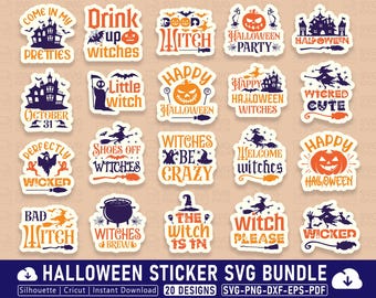 Halloween Stickers SVG Bundle: Witch, Pumpkin, Ghost (Digital File)