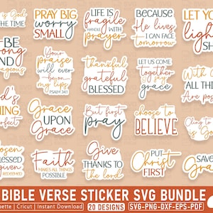 May include: A collection of 20 Bible verse stickers in various colors and fonts. The stickers feature inspirational quotes such as "Pray Big, Worry Small" and "Let Your Light Shine." The bundle includes SVG, PNG, DXF, EPS, and PDF formats.