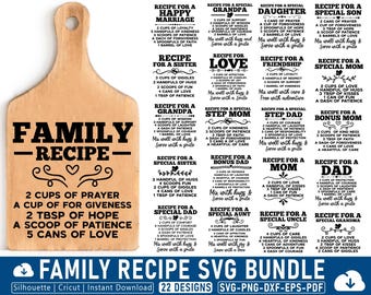 Family Recipe SVG Bundle: Cutting Board Quotes, Kitchen Designs (Digital Download)