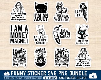 Funny Sticker SVG PNG Bundle, Sarcastic Joke Quotes, Printable Adult Humor Stickers for Water Bottle & Laptop, Digital Planner Clipart