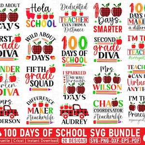 Può includere: Una collezione di 20 design SVG a tema scolastico, con mele, matite e testi come "100 giorni di scuola" e "First Grade Diva". I design sono in vari colori e stili, perfetti per progetti di artigianato.