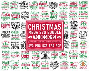 May include: A collection of 70 Christmas-themed SVG designs, featuring festive phrases and graphics in various fonts and styles. The designs include phrases like "Merry Christmas," "Let it Snow," and "Baby it's Cold Outside," in red, green, and white.