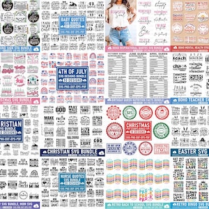 May include: A collection of SVG bundles featuring various themes. Includes designs for baby quotes, 4th of July, retro Christmas, Christian themes, inspirational quotes, mental health, teacher themes, birthday nutrition facts, Easter, and back-to-school. The bundles contain multiple designs in SVG, PNG, DXF, EPS, and PDF formats.