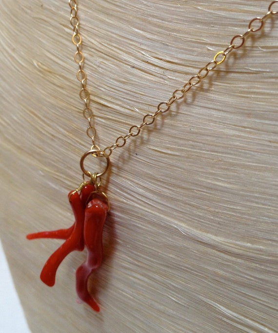 Three Coral Branch Pendant Long Gold Necklace Etsy