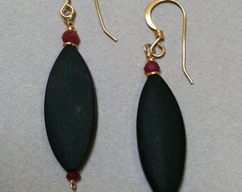Black Onyx and Ruby Earrings with 18k gold beads and wires
