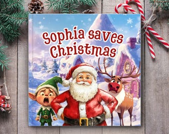 May include: A square hardback book titled Sophia saves Christmas, featuring a colourful illustration of Santa Claus, a green-clad elf, and a reindeer standing in a snowy village setting with a large mountain in the background under a blue sky.