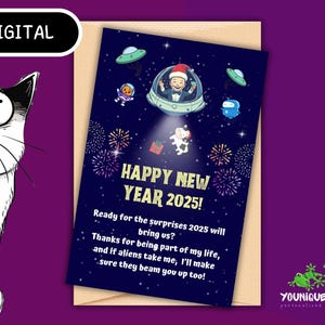 Leuke ruimteschip nieuwjaarskaart, gelukkig digitaal nieuwjaar, drones sci-fi humorgroet, schattige ufokaart, Aliens Original 2025 nieuwjaarswensenkaart
